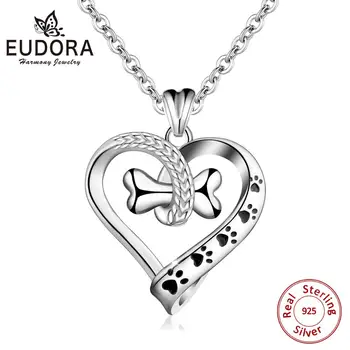 Eudora 925 Sterling Silver zvierat Psa Mačku Stopu & Kosti Prívesok srdce Náhrdelník Ženy Jemné Šperky Pre Dievča najlepší darček D105