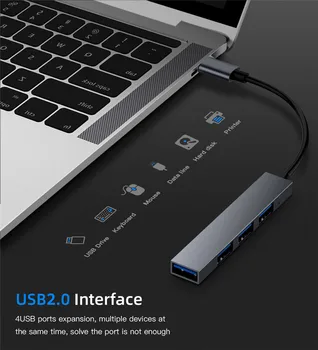 Typ-C, USB 2.0 Hub 4 Port Zliatiny USB 2.0 Typu c OTG Rýchly Prenos LED svetlo Pre Notebook PC Myš Macbook Huawei