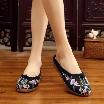 Veowalk Čínsky Umelecké Vyšívané Ženy Plátno Úzke Ploché Prst Papuče Vintage Dámy Pošmyknúť Na Letné Tkaných Platforma Topánky