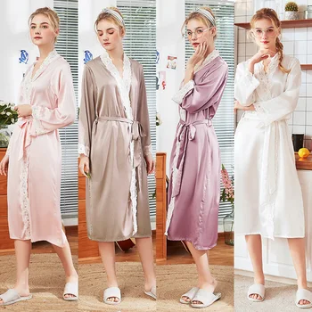 2019 Lete Saténové Šaty Pre Nevesty Svadobné Čipky Župan Sleepwear Hodváb Pijama Dlho Nightgown Ženy Bridesmaid, Kimono Župan