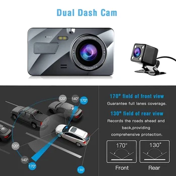 4 Palce, Automobilové DVR Video Dash Cam 170 Stupeň HD 1080P Duálny Objektív Kamery na Nočné Videnie Predné Zadný Nahrávač