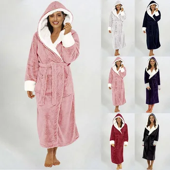 Ženy Zimné Plus Veľkosť Dlho Hooded Flannel Župan Je Teplý Kúpeľ Župan Zips Tehotné Noc Župane Mužov Sleepwear
