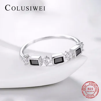 Hot Predaj 925 Sterling Silver Krúžky Obdĺžnik Black Zirconia Crystal Fashion Prst Prsteň Pre Ženy Svadobný Dar