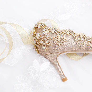 Jeseň zima strany topánky šampanské golden nevesta topánky farebné drahokamu dospelých víla špicaté topánky stiletto podpätky