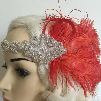 Vintage Ženy Maškarný Fascinator Červené Pierko 1920 Headpiece Krídlovky Hairband Gatsby hlavový most 1920