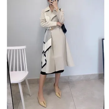 Jeseň žena office zákopy srsti ženy oblečenie 2020 vrchné oblečenie Žena Pracovník Streetwear šatku patchwork Dlho windbreaker s pásom