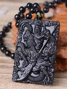 Krásne Handwork Prírodné Čierna Obsidián Vyrezávané Čínsky Drak Meč GuanGong Šťastie Prívesok + Perličky Náhrdelník Darček Šperky