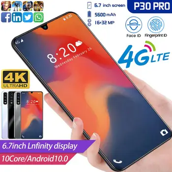 Hot Predaj P30 Pro 6.7 Palcový Smartphone Android 10 Desať Core Android 5600mAh Mobil Tvár ID 8GB+128 GB Displej Trojitý Fotoaparát Telefónu