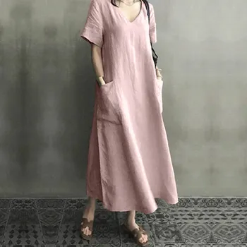 Plus Veľkosť Ženy Tričko Šaty Vintage Bežné Bavlnené Obliečky Midi Šaty Kaftan 2020 Lete Sundress Tunika Vestidos V Krku Župan Femme