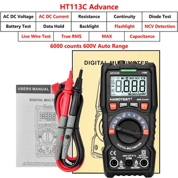 HT113C Digitálnych univerzálnych meracích prístrojov ohm Hz Kapacita Diód, test NCV Auto Rozsah Avometer True RMS Batérie Tester s 6000 Počíta