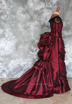 Burgundsko Goth Viktoriánskej Zhonu svadobné Šaty 2021 Vintage Korálkové Krajky-up Späť Korzet Hornom Gotickom Vonkajšie Nevesta Svadobné Šaty