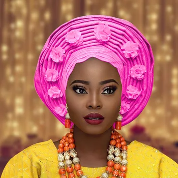 Africké aso oke auto gele pre ženy s kvetinou Nigérijský aso ebi headtie na svadbu