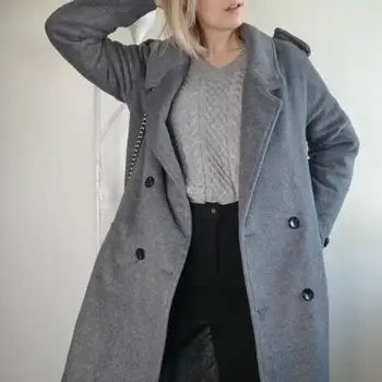 UK 2020 Jar Nový dizajn Ženy Jednoduché Vlna Maxi Dlhý Kabát Župan Slim fit kabát Bežné kabát s pásom Sivá