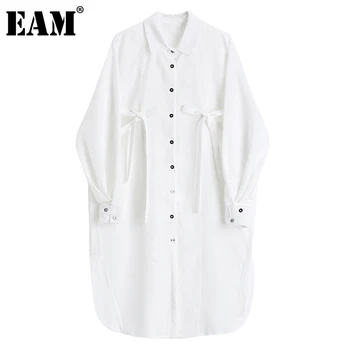 [EAM] Ženy Čipky Pozdĺžne Obväz Veľká Veľkosť Biele Šaty Nové Klope Dlhý Rukáv Loose Fit Módne Príliv Jar Jeseň 2021 1DD4177