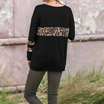 Tričko Ženy, Nové t-shirts ženy 2018 móde Vintage tshirts bavlna sexy krku Leopard Tlač patchwork dlhé rukávy poleras mujer