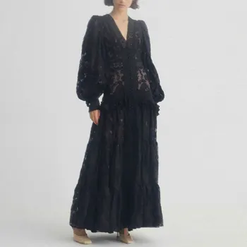 Big-názov letné dámske oka čipky vidieť-cez sexy skladaný dress2020New dámske oblečenie, dlhé rukávy elegantné veľká swing dlho ša