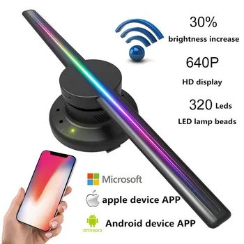 3D Holografické Projektor Svetlo Inovované Wifi Hologram Prehrávač LED Displej Ventilátor Reklamné Svetelné APLIKÁCIE Ovládanie 320Leds Logo Svetlá