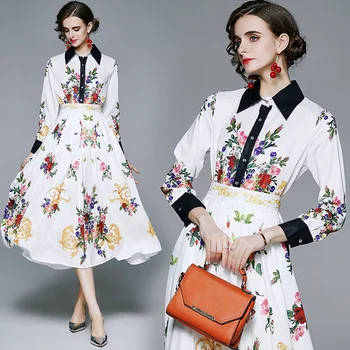 Móda Ženy 2020 Jeseň Flower Šaty, Tričko S Dlhým Rukávom Šaty Biele Vintage Kvetina Tlače Elegantné Dizajnér Dráhy Maxi Šaty