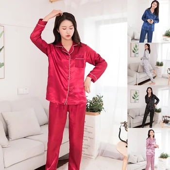 2020 Ženy, Hodváb Saténové Pyžamo Nastaviť Páry Pevných Farby, Dlhý Rukáv Sleepwear Vyhovovali oblečenie pre Ženy пижама женская