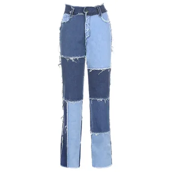 2020 Jesenné Farby Blok Patchwork Džínsy Žena Vysoký Pás Rovnou Nôh Jeans Nohavice Nohavice Vintage Núdzi Denim Džínsy