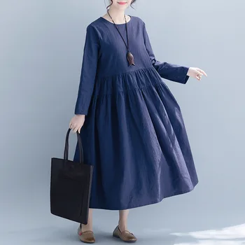 Johnature 2021 Jeseň Ženy kórejský Voľné Šaty Nové jednofarebné O-krku Plný Slleve Ženské Šaty