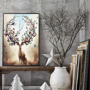 Kreatívne jeleň elk s farebnými kvet, vták králik strom moderné Nordic dekoratívny Obraz Plátno na Stenu Umenie Plagátu pre izba dekor