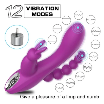 Rabbit Vibrátor G-spot A P-spot Análny Vibrátory Triple Krivky 12 Funkcia Nabíjateľná Klitoris Stimulátor Dildo Sexuálne Hračky Pre Ženy