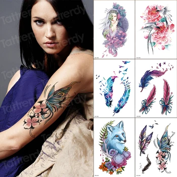 Nepremokavé Dočasné Tetovanie Nálepky vtáčie pierko, body art akvarel tetovanie falošné veľké 6pcs/nastaví ruku rukáv tetovanie pre dievča ženy