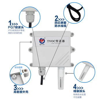 Kvalita ovzdušia TVOC snímača snímača výstup RS485 MODBUS 4-20ma vzduchu vysielač