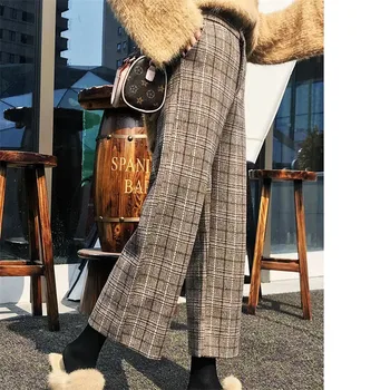 Nové širokú nohu koberčeky vlnené dlhé nohavice dámske jeseň kórejský štýl Straight-leg retro voľné vysoký pás príležitostných bežcov ženy nohavice