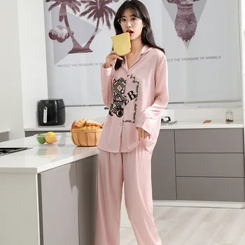 Luxusné Ženy Čisté bavlnené Pyžamá Klasické Domáce oblečenie Kvalitné Pyžamo Ženy Dlhý Rukáv Cardigan dvoch-dielny oblek Voľné Pyžamá