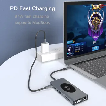 USB Typu C 3.0 Hub USB Hub S Bezdrôtové Nabíjanie Typ-C, HDMI, VGA SD RJ45 Lan Ethernet Dock Podporu MacBook Pro Príslušenstvo