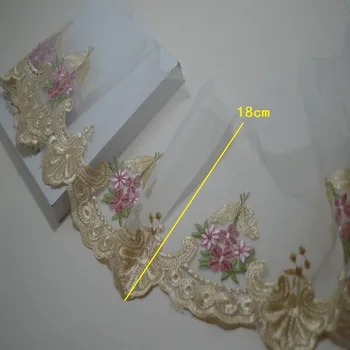 2yds 18 cm Transparentné gázy svetlo zlato hrana ružová kvetinová Výšivka DIY čipky výbava pre odevy a svadobné dekorácie