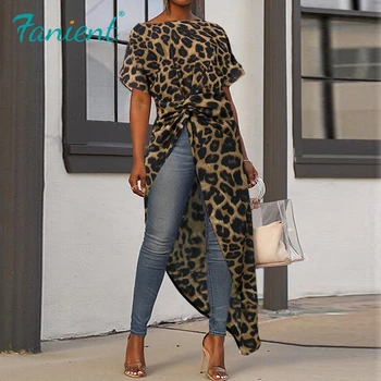 Leopard Tlač Ženy Dlhé Šaty 2020 Lete Na Jednej Strane Vysoká Rozdeliť Pulóver Lady Sexy Oblečenie Šaty Plus Veľkosť Biela Farba