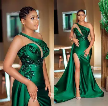 Elegantné Hunter Green Prom Šaty Plus Veľkosť Africké Čierne Dievča Jedného Pleca Morská Víla Večerné Šaty Sexy Vysokej Strane Štrbiny Party Šaty