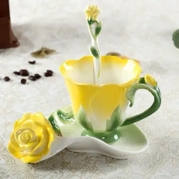 Najlepšie 3D Rose Tvar Kvetu Smalt Keramické Kávu, Čaj, Pohár a Tanier, Lyžica kvalitného Porcelánu Pohár Tvorivé Valentine Darček Dizajn