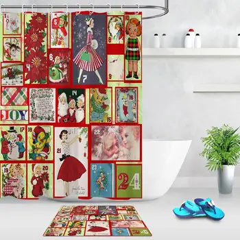 Cartoon Dizajn Deti Detské Vianočné Sprchový Záves Koláž Vzor Tkaniny Kúpeľni Sprchový Záves Set s Háčikmi Dekorácie