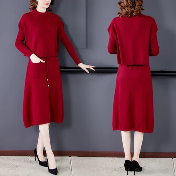 2020 Jeseň Zima Dve Kus Pletenie Sveter Šaty Vintage Bežné Pevné Plus Veľkosť Ženy Elegantné Teplé Dlhé Svetre Turtleneck