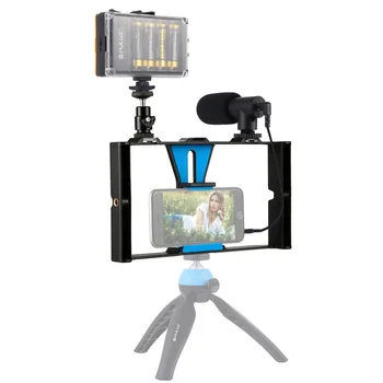 3 v 1 Vlogging Live Vysielanie LED Selfie Svetlo Smartphone Video Súpravy Súpravy s Mikrofónom + Studenej Obuvi Statív Hlavu