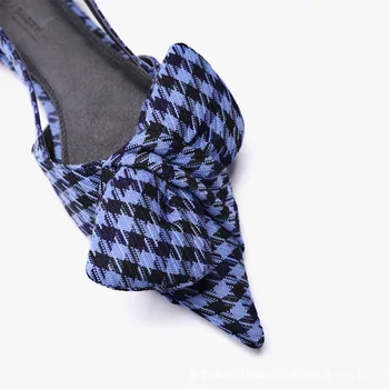 Mstacchi bowknot ukázal prst ploché topánky sexy pracky popruhu jednej dámy topánky príležitostné letné tartan vzor strana topánky 2021 nové