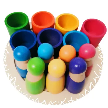 Dúha Farieb Drevených 7 Cup Malých a Stredných Bábiky Hrať Dom Detí Dieťa Raného Vzdelávania a Duševného Drevené Hračky