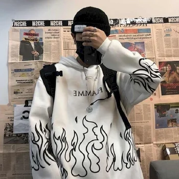 Mikina Jeseň a v zime kórejský iny Harajuku bf štýl ulice, hip-hop retro plameň tlač voľné kapucňou plus velvet sveter