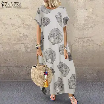Kaftan Vytlačené Maxi Šaty dámske Letné Sundress ZANZEA 2021 Bežné Krátky Rukáv Vestidos Žena O Krk Župan Femme Plus Veľkosť