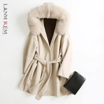 LANMREM vysokej qualtiy veľké veľkosti obojstranné cashmere kabát umelú kožušinu golier široký-v strede zúžený pás kabát žien dlho vlnené kabát 2A876
