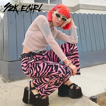Y2K EGIRL Pastel Goth Zebra Tlač Ružové Nohavice Punk Estetika Polovici Pása Voľné Rovné Nohavice 90. rokov Streetwear Jeseň Nohavice