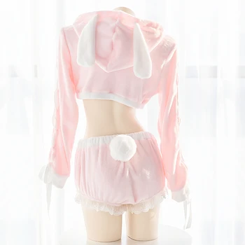 Japonský Lolita Sladké Dievča Bunny Pyžamo Nastaviť Kawaii Mačka Packa Sexy Bunny Plyšové Oblečenie Pre Voľný Čas Ružová Ostrihané Hoodies Králik Sleepwear