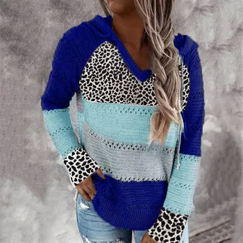 Ženy patchwork s Kapucňou sveter Pani zima sexy V Krku Leopard pletený sveter Žena Jeseň dlhý rukáv, pulóvre, Pletené topy