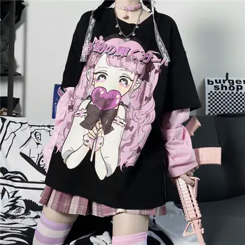 Druhý element Anime oblečenie Harajuku oversezed t-shirts ružová Láska dievča, Krátky rukáv gotický Japonský roztomilý y2k topy naruto čaj