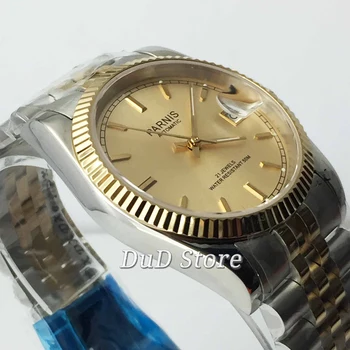 Parnis 36 mm unisex dátum okno zlaté dial zafírové sklo najluxusnejších Miyota Automatický pohyb pánske hodinky ženy náramkové hodinky