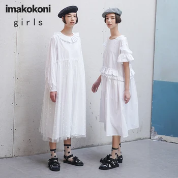 Imakokoni čisto biely dlhým rukávom šaty originálny dizajn lady bola tenké dlhé perlinkové tkaniny sukne 192583